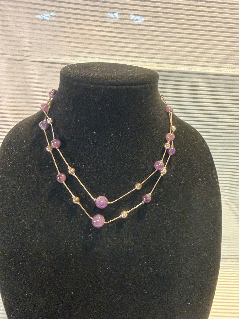 Source Unknown Purple Bead Double Strand Necklace with Gold Accents